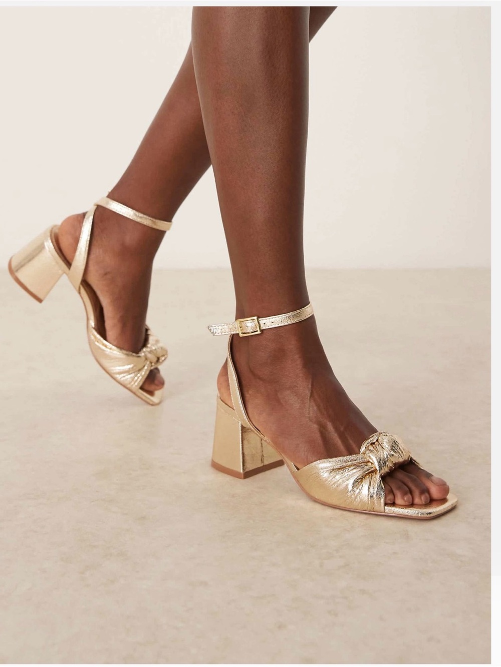 Asos Design Metallic Gold Knot Front Ankle-Strap Block Heel Sandals